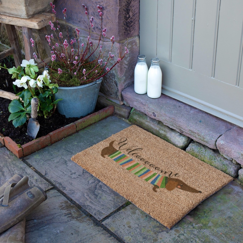 May include: A rectangular doormat made of natural fibers features a dachshund design with a colorful striped body and the word "Welcome". Two white milk bottles sit near a gray door. A potted plant and gardening tools are also visible.