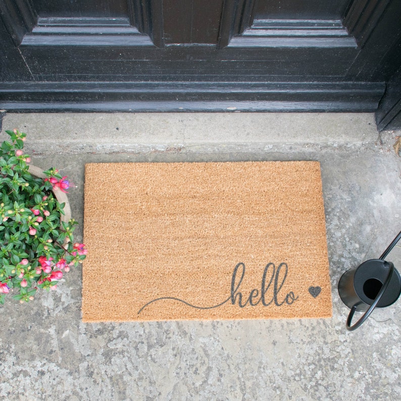 Grey Hello Love Heart Door Mat Etsy