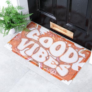 Good Vibes funky deurmat - deurmat met spreuk - deurmat buiten - verandadecor - housewarmingcadeau - voordeurmat - 100% gerecycled pvc