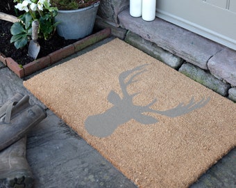 Grey Country Stag's Head Doormat - Stag Non Slip Floor Mat - Home Decor - Indoor Outdoor Doormat - Animal Print Doormat  -90cmX60cm