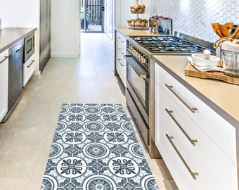 Ortigia Vinyl Floor Mat: Moroccan Tile Rug, Wipeable Kitchen Runner