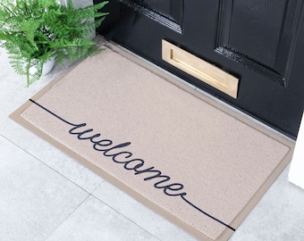 Beige Welscribble Indoor & Outdoor Doormat - Long Lasting Welcome Door Mat - Easy to Clean Anti-Slip Dirt Trapper Front Door Mat