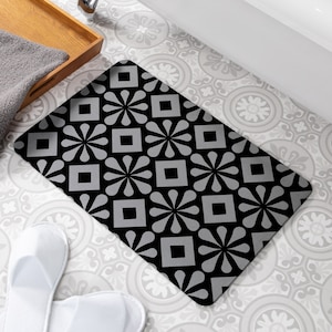 Square Pattern Grey Stone Non Slip Bath Mat - Quick Dry Bath Mats For Bathroom - Eco-Friendly Easy to Clean Modern Bathroom Mat - 60 x 39cm