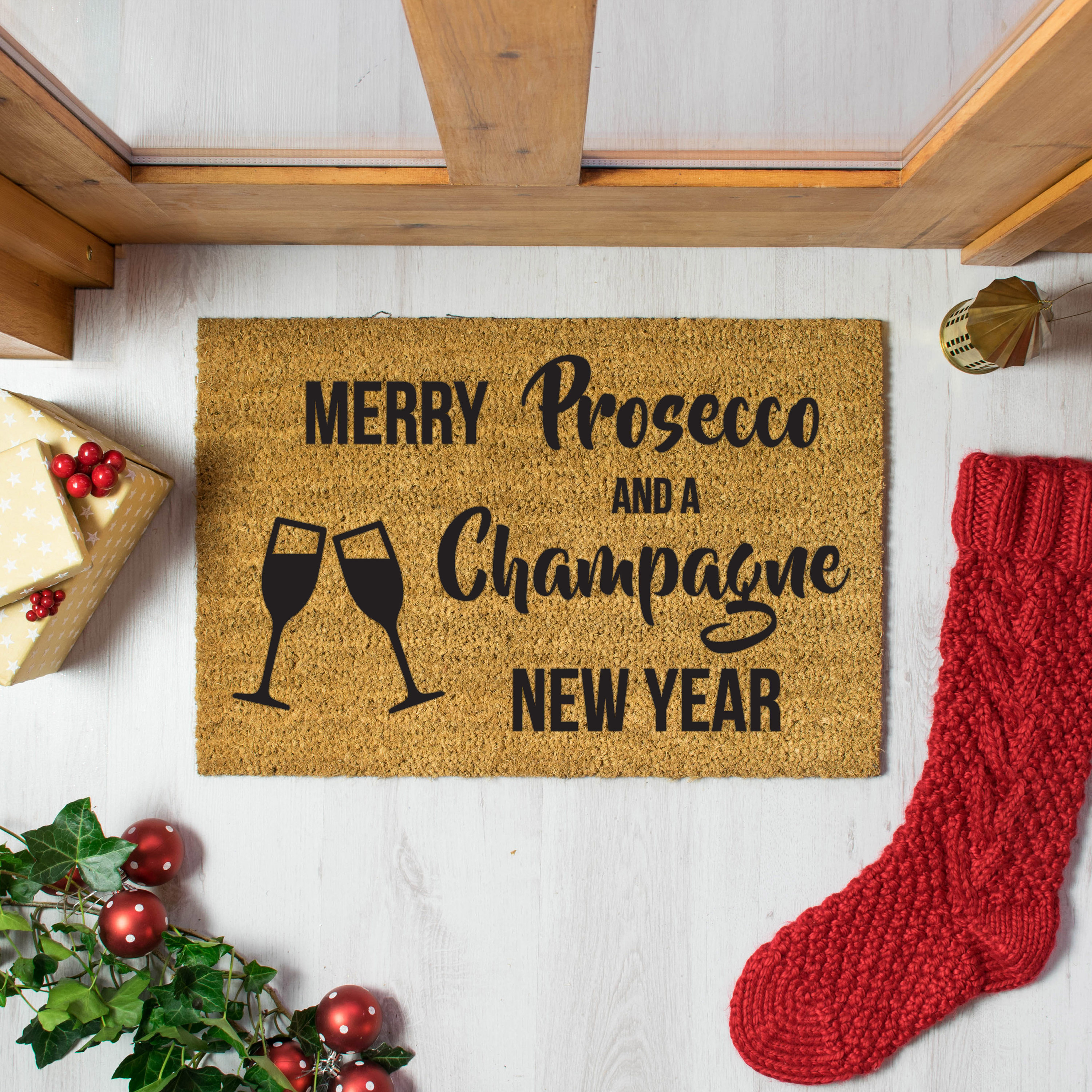 Merry Prosecco et Un Paillasson Champagne Nouvel An - 60x40cm Tapis de Porte à La Main Noel Salutati