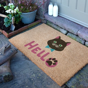 Cat Hello Coir Doormat - Welcome Doormat - Pet Lover, Fur Parent Gift - Housewarming Gift - New Home Gift - Home Decor - 90cm X 60cm