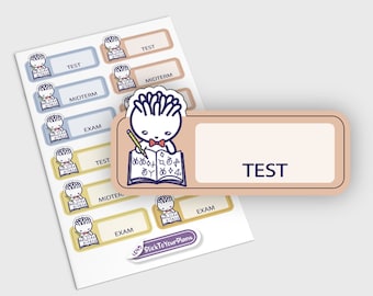 May include: A set of colorful stickers featuring a cartoon character holding a book and a pencil. The stickers are labeled with different school-related terms like "Test", "Midterm", and "Exam".