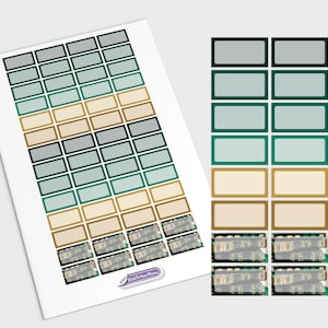 Puede incluir: Una hoja de etiquetas imprimibles con una variedad de colores y diseños. Las etiquetas son rectangulares y tienen un esquema de color dorado, verde y gris. Las etiquetas son perfectas para organizar y etiquetar artículos.