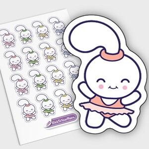 May include: A sheet of stickers featuring a cartoon bunny wearing a pink tutu. The bunny is smiling and has a pink bow on its head. The stickers are arranged in a grid pattern and are surrounded by a white border. The text "Stick To Your Plans" is printed on the bottom right corner of the sheet.