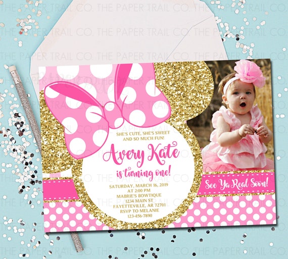 Minnie Mouse 1st Birthday Invitation Pink And Gold Minnie Etsy