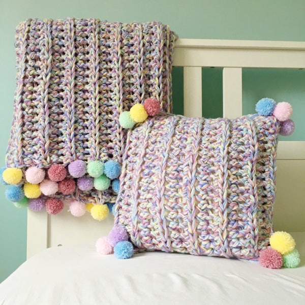 Crochet Rainbow Blanket and Cushion Pattern, Super Chunky, PDF Download in 5 pillow & blanket sizes - baby lapghan picnic single double bed