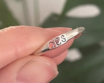 Delicate YES Ring, Recycled Silver Stacking Band, Happy Jewellery!