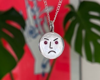 Angry Face Pendant, Recycled 925 Silver, Ruby Eyes