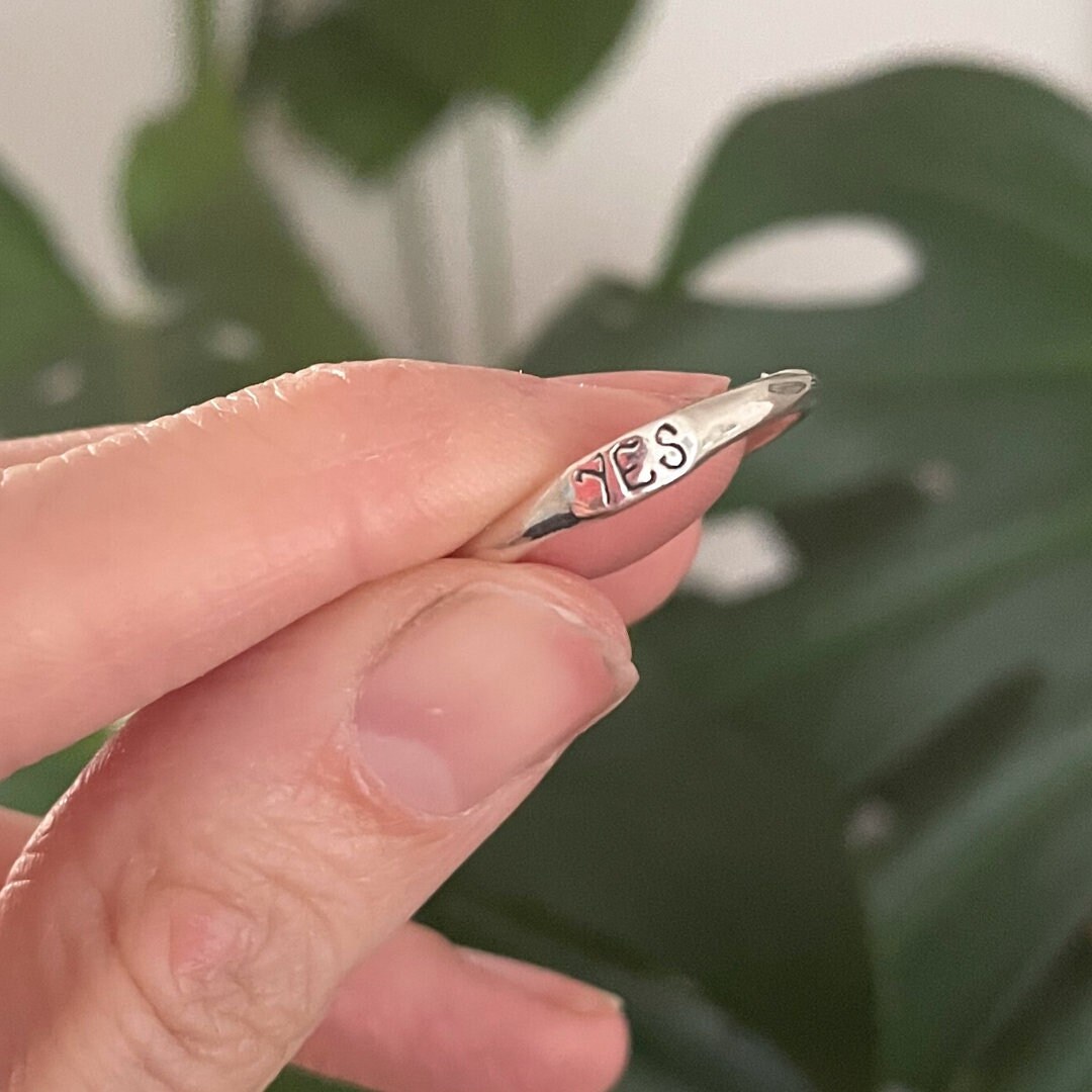 Delicate YES Ring Recycled Silver Stacking Band Happy Jewellery
