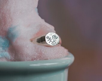 Grumpy Face Ring, Recycled 925 Silver Signet, One of a Kind Jewellery