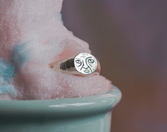 Grumpy Face Ring, Recycled 925 Silver Signet, One of a Kind Jewellery