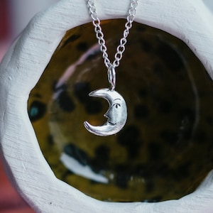 Sterling Silver Sleepy Moon Face, Crescent Pendant, Recycled 925 Necklace