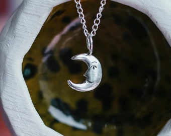 Sterling Silver Sleepy Moon Face, Crescent Pendant, Recycled 925 Necklace
