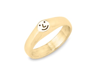 Smiley Face Gold Ring, Solid 9ct, Mini Signet Ring, Alternative Engagement, Happy Jewellery!
