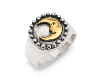 Silver Ring with Golden Moon, Recycled Metal Signet, Celestial Jewellery