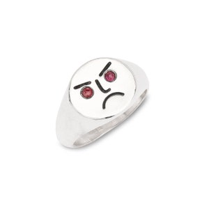 Angry Face Ring, Recycled 925 Silver Signet, Ruby Eyes