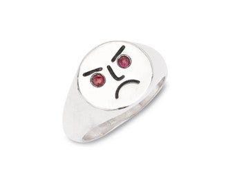 Angry Face Ring, Recycled 925 Silver Signet, Ruby Eyes