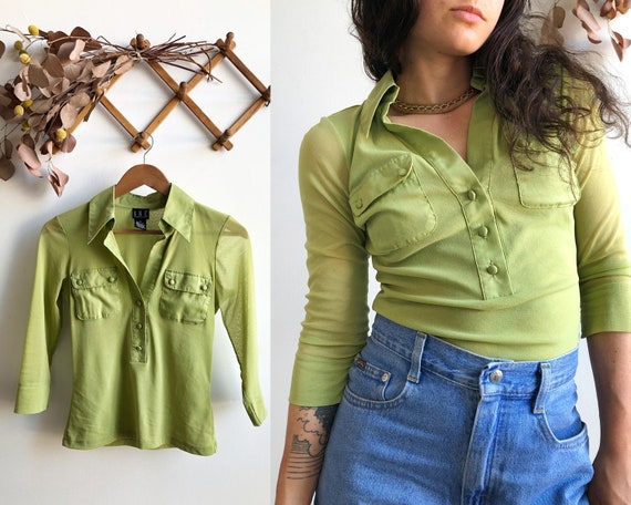 Y2K Lime Sheer Knit Blouse, Size Small