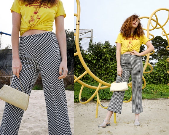 70s Gingham Wide Leg Pants, 28-29” Waist