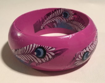 Hand-painted Lilac Dome bangle with decoupage peacock feather