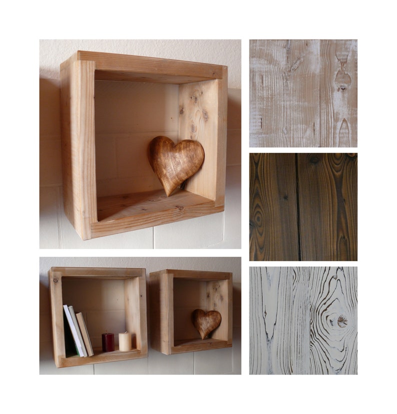 May include: Three wooden shelves with a heart-shaped wooden ornament on the top shelf and books on the bottom shelf. The shelves are made of reclaimed wood and have a rustic look.
