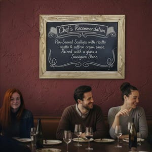 Könnte beinhalten: Eine Tafel mit Holzrahmen mit der Aufschrift "Chef's Recommendation" und einem Menü für gebratene Jakobsmuscheln. Die Tafel hängt an einer weinroten Wand über einem Tisch, an dem drei Personen sitzen.