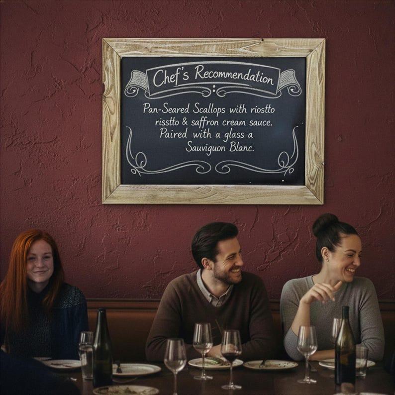 Puede incluir: Una pizarra enmarcada en madera con el texto "Chef's Recommendation" y un men&uacute; de vieiras salteadas. La pizarra cuelga de una pared burdeos sobre una mesa.