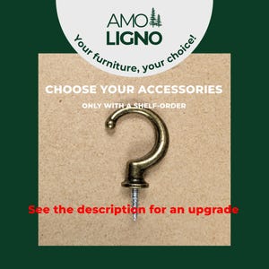 May include: A bronze-toned metal screw-in hook with a curved design. The image includes the text AMO LIGNO, Your furniture, your choice!, CHOOSE YOUR ACCESSORIES, ONLY WITH A SHELF-ORDER, and See the description for an upgrade.
