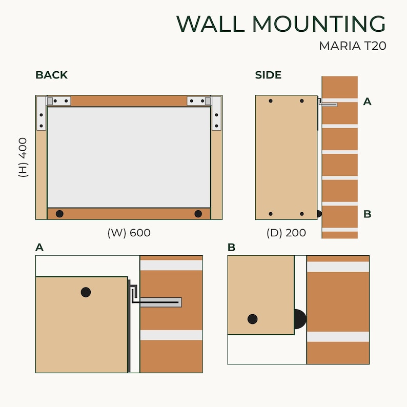 May include: A technical diagram titled WALL MOUNTING MARIA T20 showing installation instructions. It includes back and side views with dimensions (H) 400, (W) 600, and (D) 200, plus detailed close-ups labelled A and B showing mounting hardware.