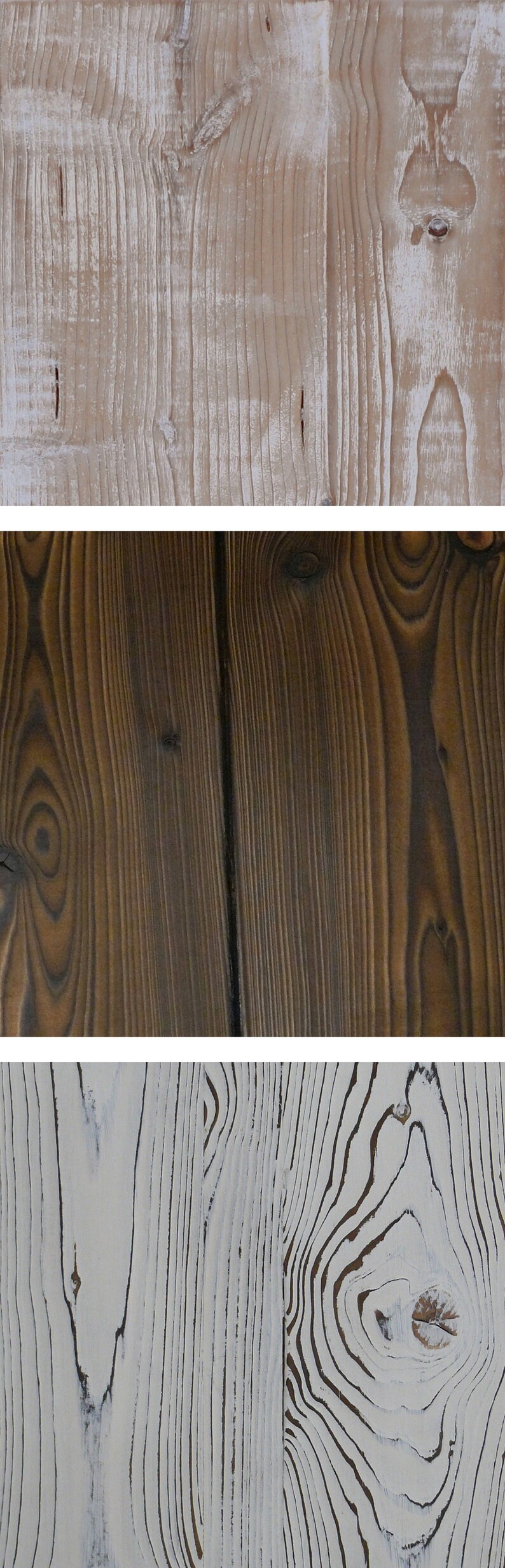 May include: Three close-up images of wood grain. The first image shows a light brown wood with white paint, the second image shows a dark brown wood, and the third image shows a white wood with dark brown grain.