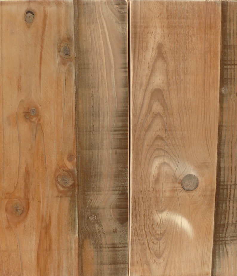 May include: Close-up of a wooden surface with a natural wood grain pattern. The wood is light brown with darker brown knots and streaks. The surface is smooth and appears to be made of planks.