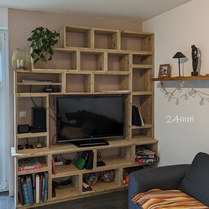 Puede incluir: Una estanter&iacute;a de madera con un televisor, libros y juguetes. La estanter&iacute;a est&aacute; hecha de madera clara y tiene un dise&ntilde;o moderno. La estanter&iacute;a tiene un grosor de 24 mm.