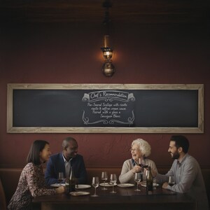 Puede incluir: Una escena de restaurante con cuatro personas sentadas a una mesa de madera, disfrutando de una comida. Una pizarra con el texto "Chef's Recommendation" y una descripci&oacute;n del men&uacute; cuelga de la pared burdeos. Copas y botellas de vino sobre la mesa.