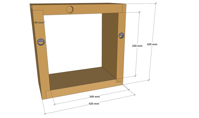 May include: A wooden frame with a shelf and two metal rings. The frame is 420 mm wide and 340 mm tall. The shelf is 420 mm wide and 40 mm deep.