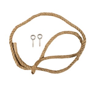 Pu&ograve; includere: Una corda color naturale con due viti a occhiello argentate. La corda &egrave; spessa e sembra essere fatta di una fibra intrecciata. Le viti a occhiello sono piccole e hanno un anello in alto. La corda &egrave; ad anello e annodata.