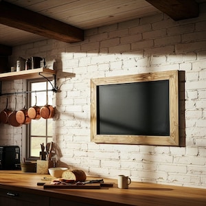 Può includere: Scena di cucina rustica con una lavagna in legno con cornice marrone chiaro montata su un muro di mattoni bianchi. Pentole di rame appese vicino a una finestra. Un piano di lavoro in legno contiene una pagnotta di pane, una tazza e un tagliere.