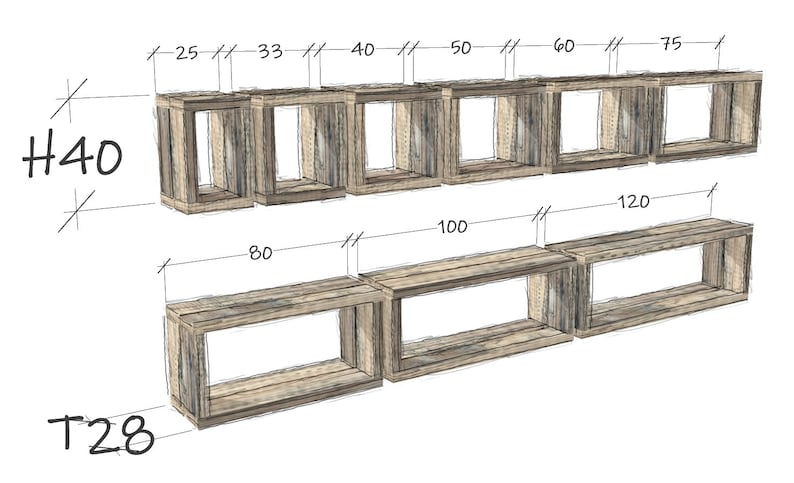May include: A set of wooden shelves with a rustic finish. The shelves are made up of six individual boxes, with the top row of boxes measuring 25, 33, 40, 50, 60, and 75 inches wide. The bottom row of shelves measures 80, 100, and 120 inches wide. The shelves are labeled "H40" and "T28".