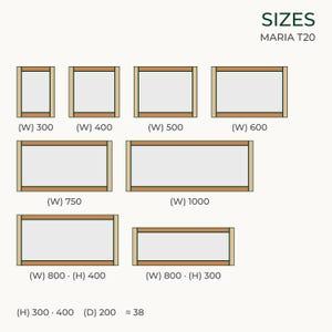 May include: A size chart for MARIA T20 featuring eight rectangular frames with varying widths and heights. Labels include (W) 300, 400, 500, 600, 750, 1000, and (W) 800 with (H) 400 or 300. Bottom text shows (H) 300, 400, (D) 200, and 38.
