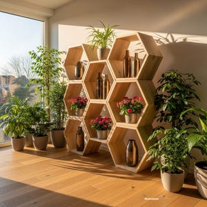 May include: A wooden honeycomb-shaped shelving unit displaying vases, potted plants, and flowers. The unit is constructed from light-coloured wood and is set against a white wall. The room features hardwood flooring and is lit by natural light.