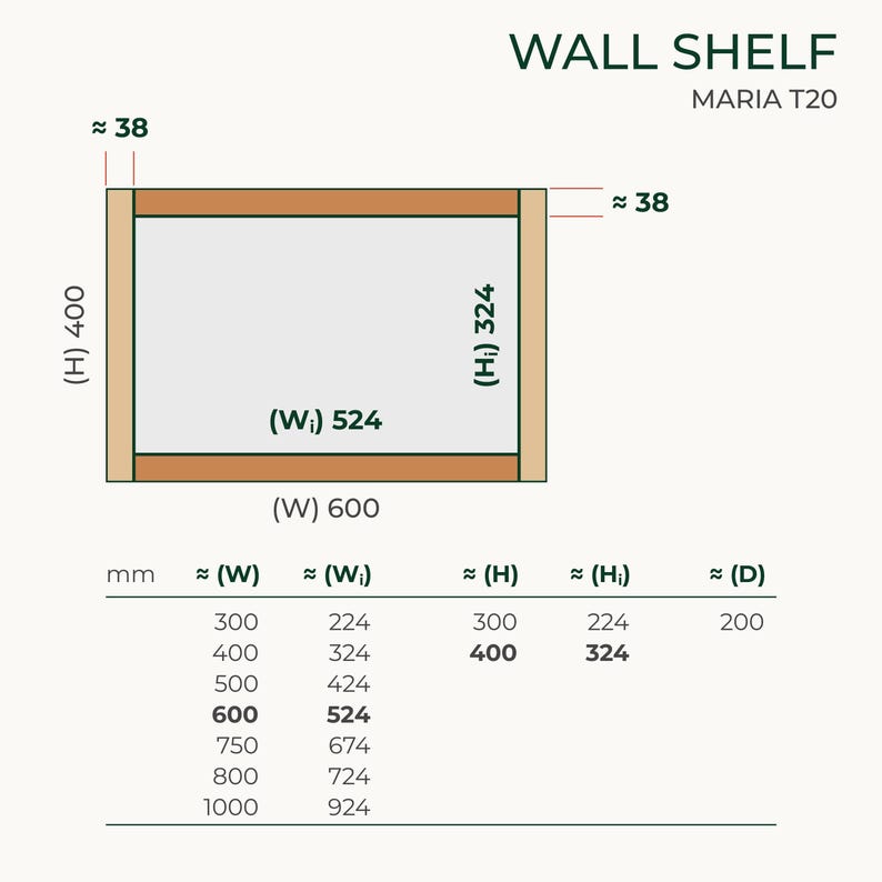 May include: A rectangular wall shelf labelled Maria T20 with a diagram showing dimensions in millimetres. The total width is 600 mm, height is 400 mm, and thickness is 38 mm. An internal width of 524 mm and height of 324 mm are indicated.