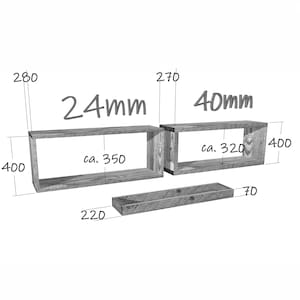 Puede incluir: Un conjunto de tres estantes de madera con un aspecto r&uacute;stico. Los estantes tienen un grosor de 24 mm y una profundidad de 350 mm, 320 mm y 70 mm. Los estantes tienen una longitud de 280 mm, 270 mm y 220 mm. Los estantes est&aacute;n hechos de madera y tienen un acabado natural.