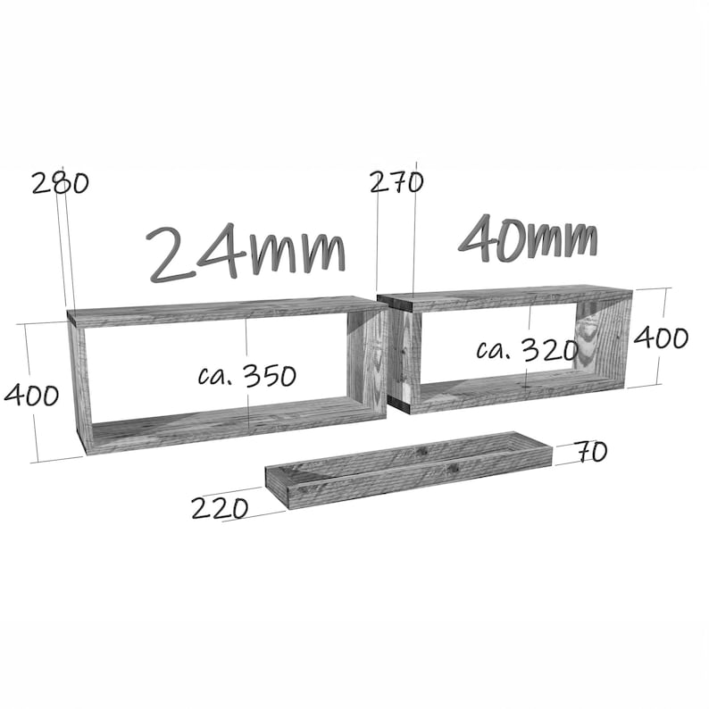 Puede incluir: Un conjunto de tres estantes de madera con un aspecto r&uacute;stico. Los estantes tienen un grosor de 24 mm y una profundidad de 350 mm, 320 mm y 70 mm. Los estantes tienen una longitud de 280 mm, 270 mm y 220 mm. Los estantes est&aacute;n hechos de madera y tienen un acabado natural.