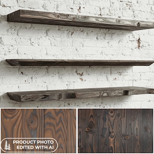 May include: Three horizontal floating shelves made of dark brown wood with visible grain patterns and knots. The shelves are mounted on a white painted brick wall. Two smaller rectangular insets show close-up views of the wood texture.