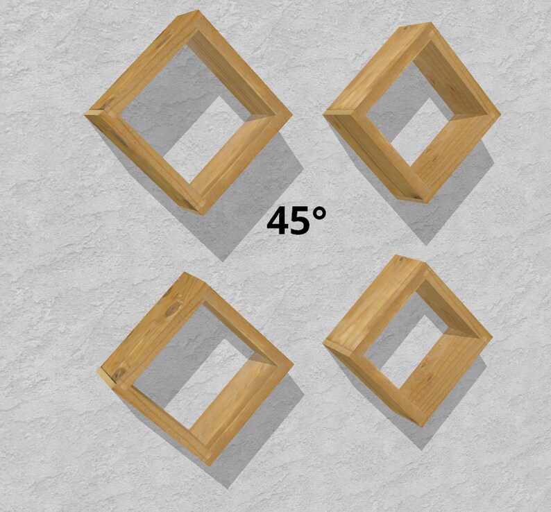 May include: Four wooden diamond-shaped shelves mounted on a white wall. The shelves are angled at 45 degrees.