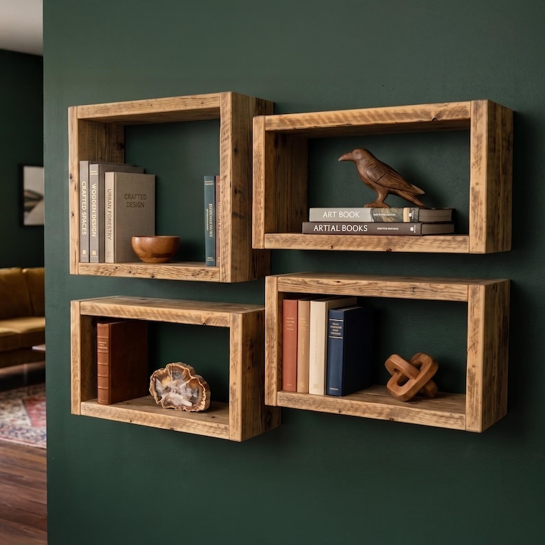 May include: Four rectangular wooden wall shelves with a natural grain finish. The shelves are arranged in a staggered layout, holding various books, a small wooden bowl, a carved wooden bird, a stone slice, and a wooden geometric object.