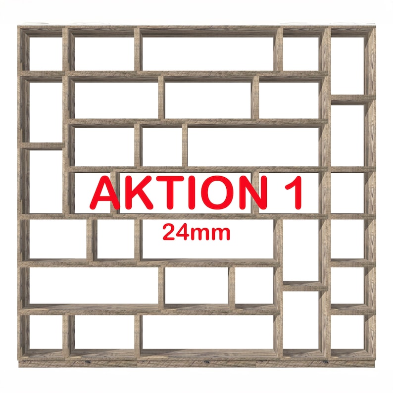 Puede incluir: Una estanter&iacute;a de madera con un patr&oacute;n de rejilla y el texto "AKTION 1 24mm" impreso en la parte delantera. La estanter&iacute;a est&aacute; hecha de madera marr&oacute;n claro y tiene un aspecto r&uacute;stico.